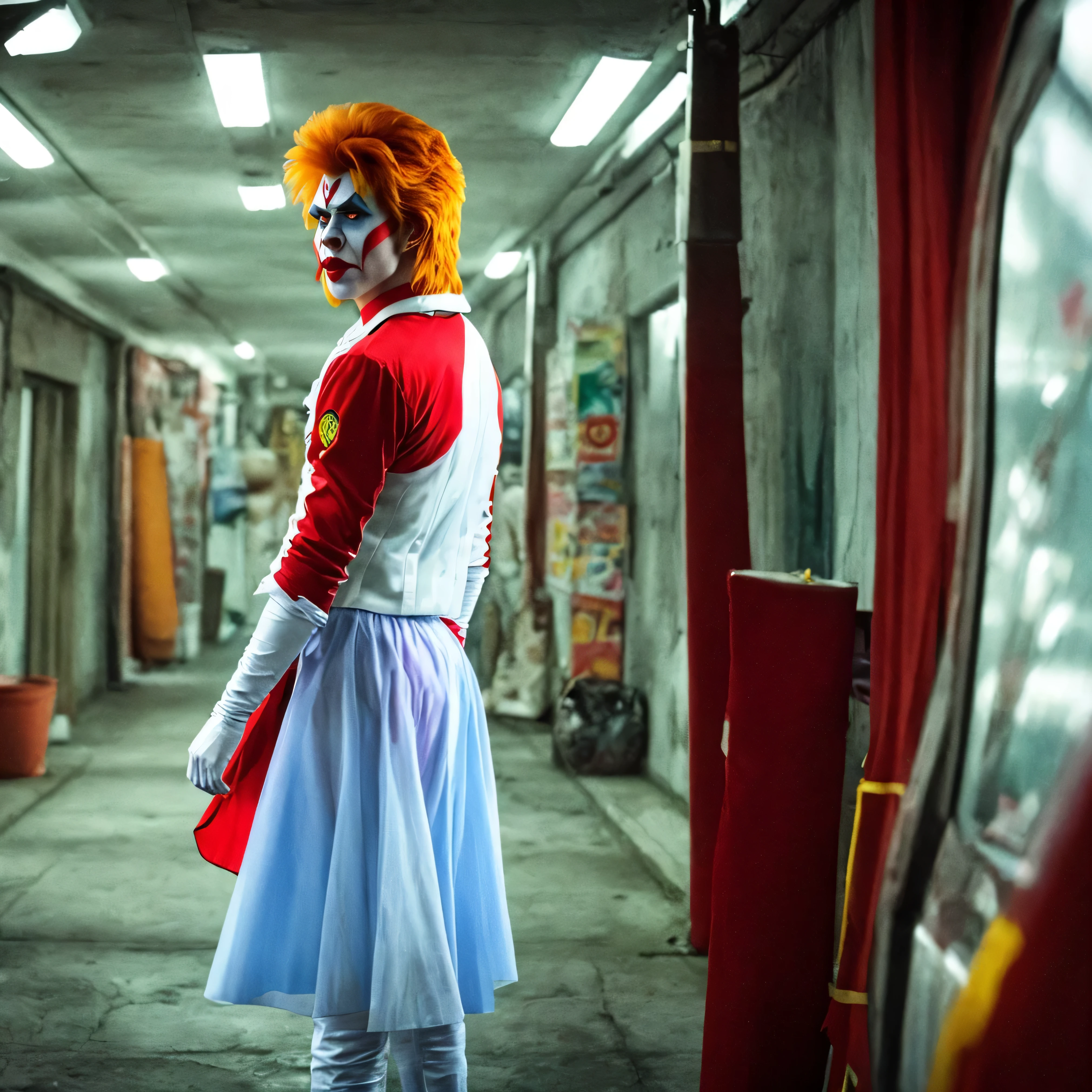 Ziggy Stardust dressed as the clown from the movie IT, vestido como o SHARP PICTURE, membros perfeitos, rostos perfeitos, BLUR-FREE IMAGE, imagem profissional, pernas inteiras, INNER ARMS, IMAGEM PERFEITA, clear image, IMAGEM DECENTE, boa qualidade, BEM ACABADO, Melhor qualidade, obra de arte, high resolution, 8k, hyper-imagem realista, foto profissional, imagem realista, Full body view, angle from bottom to top