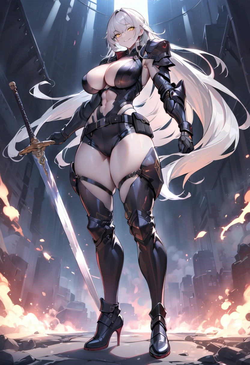 (masterpiece), (best quality:1.4), (perfect anatomy:1.4), high quality, expressive eyes, full body, detailed face, beautiful face, perfect face, 1 girl, breasts, gloves, (large breasts), military uniform, black jacket, jacket, very long hair, ({pale skin}), detailed ((silver hair)), yellow eyes, hourglass physique, gray pants, pants, thick thighs, toned, dynamic lighting, 4k resolution, dynamic pose, smirk, military base background, weapon, Sword, belt, glove, shoulder armor, boots, hand guard, delicate\(armor\),