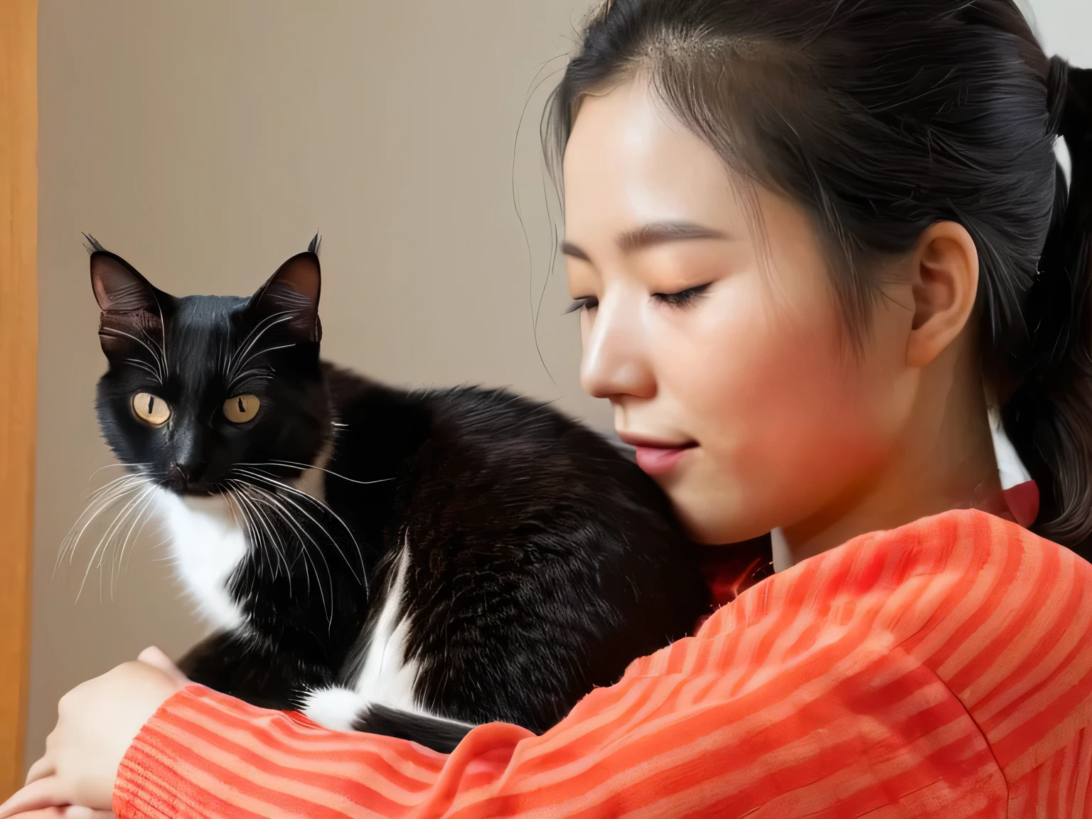 (best quality,high res,ultra-detailed,photorealistic:1.2), sjang and her identical twin, petting a cat