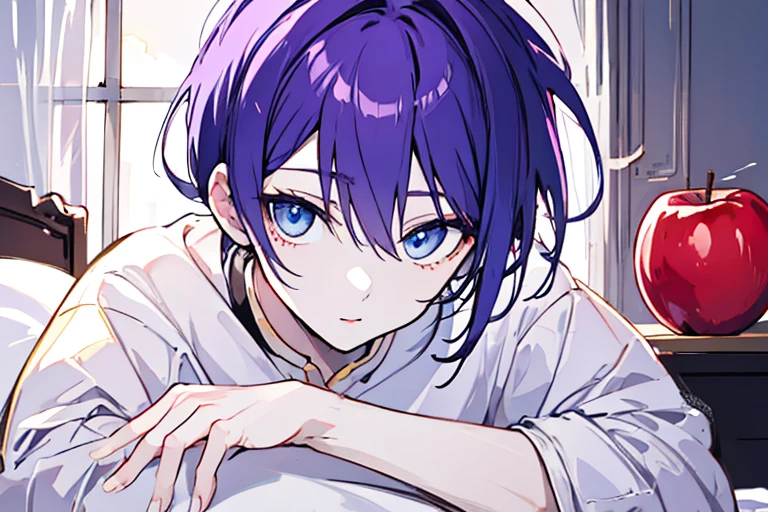 ((highest quality)), ((masterpiece)), ((1 person)),perfect face、male、purple hair color、light blue eyes、very short hair、vocal、pale colour、whole body、simple clothes、Apples on the bed、on the bed