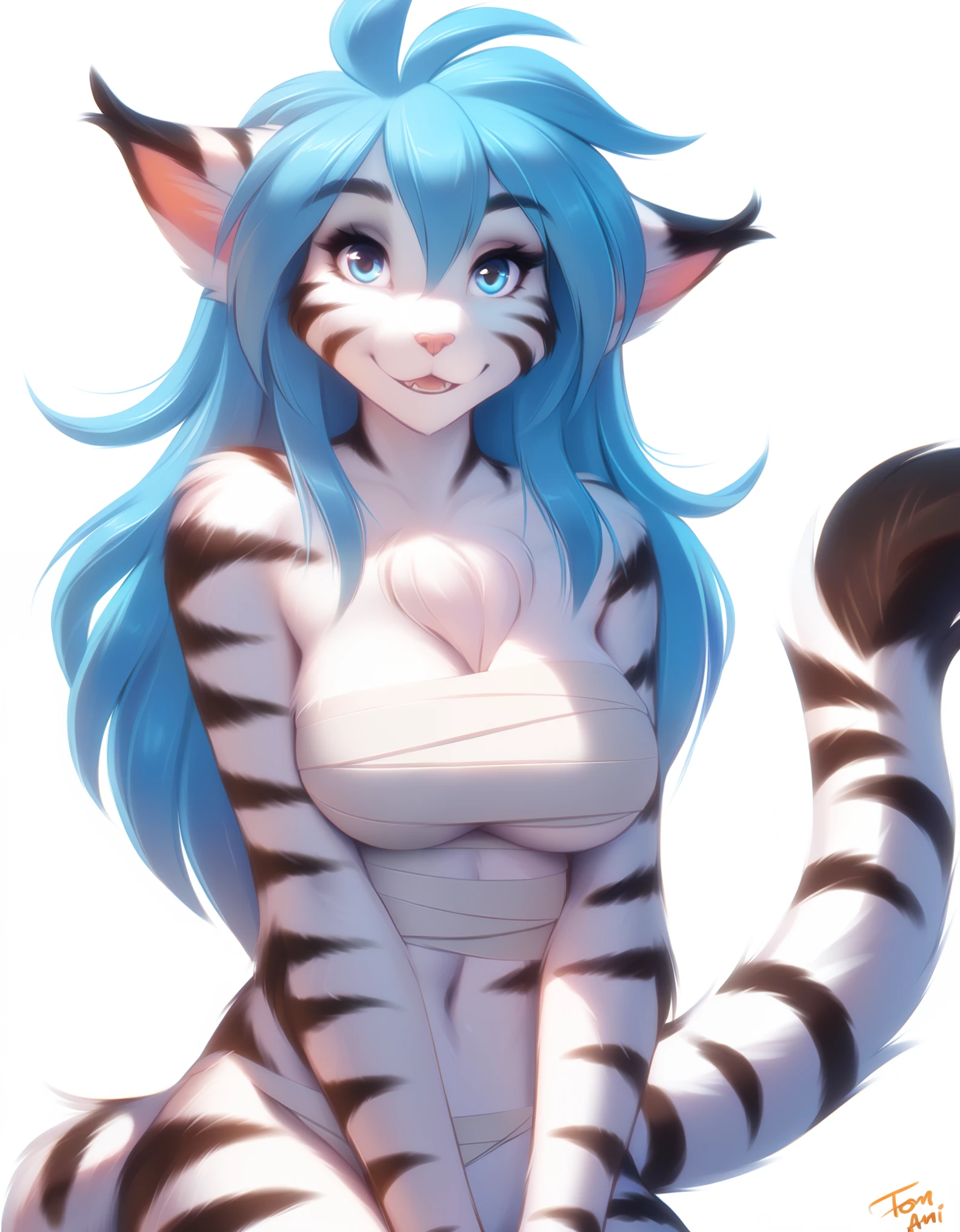 
solo, tktigertrace, anthro, keidran, (white fur:1.3), striped fur, white tiger, blue hair, tiger_trace, twokinds, personalami, rating:safe, arm_tuft, by tom_fischbach,, (best quality, masterpiece:1), solo, furry female anthro, 1girl, blue eyes, long hair, tiger tail, portrait, fingers, finger claws, looking at viewer,  white background, white_background,  female, big breasts, chest_wraps, wraps