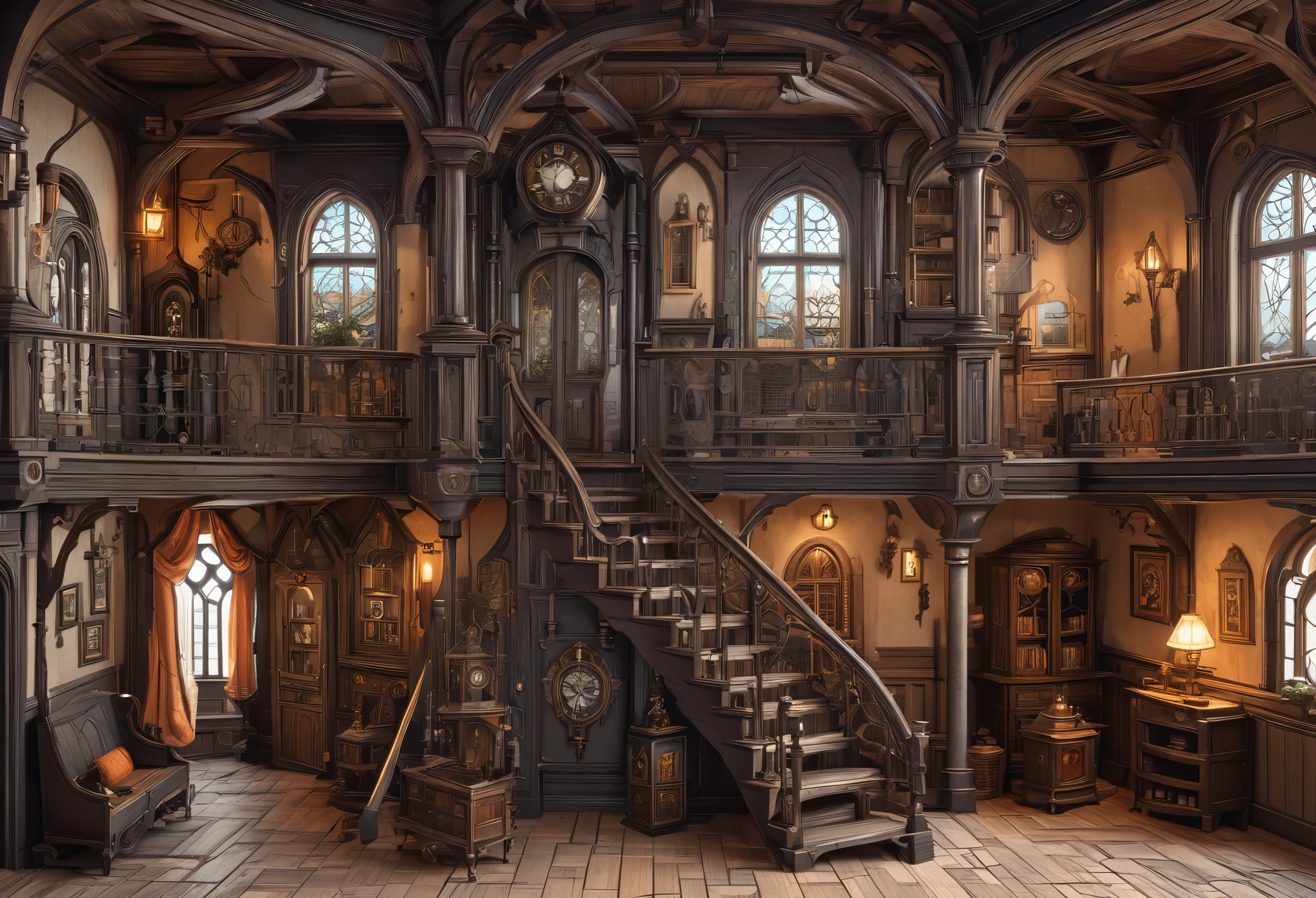 Large cross-section of a house with a clock and many rooms, Concept art inspired by Anton Pieck, shutter stock, gothic art, Castlevania Soton, Ultra-detailed haunted house, gothic mansion, Beautifully detailed pixel art, gothic mansion room, Spooky mansion, The hideout of evil villains, Complex from Baldur's Gate, Scary detailed color art