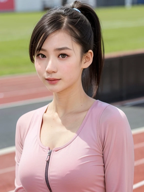 (kawaii 24 year-old Japanese girl, Nogizaka idol, Korean idol), healthy female athlete body, (glossy black hair, high ponytail, short ponytail, ponytail must be in behind the shoulders, bangs:1.3), (forehead without wrinkles:0.8), (rounded face, black eyes, single eyelid, no makeup, soft smiling:1.2), (wearing light pink track jackets:1.3), (flat chest, extra small breasts), (looking at viewer:1.2), BREAK, (track and field background:1.3), (dynamic angle:1.3), face focus, BREAK, (masterpiece, best quality, photo realistic, official art:1.4), (UHD, 8K quality wallpaper, high resolution, raw photo, golden ratio:1.2), (shiny skin), professional lighting, physically based rendering, award winning, (perfect anatomy, highly detailed skin, extremely detailed face and eyes), Carl Zeiss 85 mm F/1.4, depth of field, 1girl, solo,