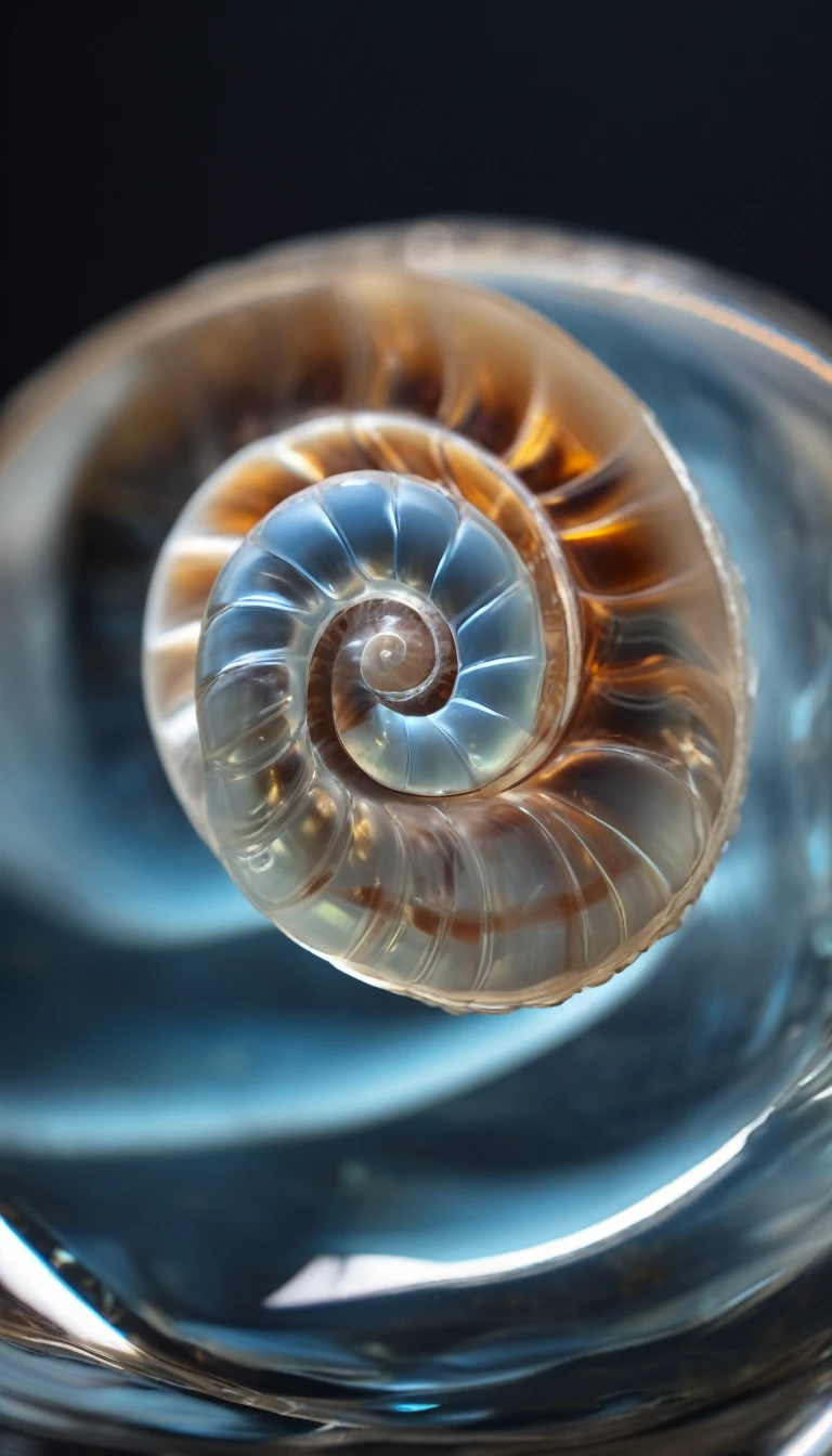 solo sea snail shell, transparent glassy texture, very light blue color touch, black background, Futurism, depth of field, masterpiece, high details, high quality, HD
