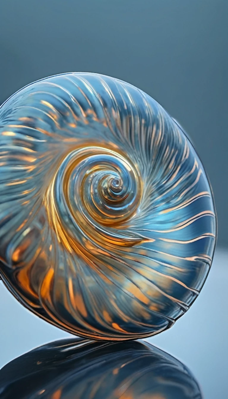 solo sea snail shell, transparent glassy texture, very light blue color touch, black background, Futurism, depth of field, masterpiece, high details, high quality, HD
