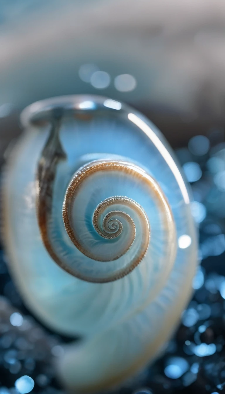 solo sea snail shell, transparent glassy texture, very light blue color touch, black background, Futurism, depth of field, masterpiece, high details, high quality, HD