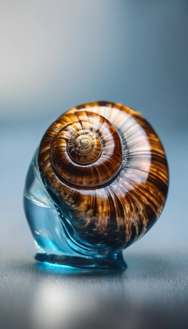 solo sea snail shell, transparent glassy texture, very light blue color touch, black background, Futurism, depth of field, masterpiece, high details, high quality, HD