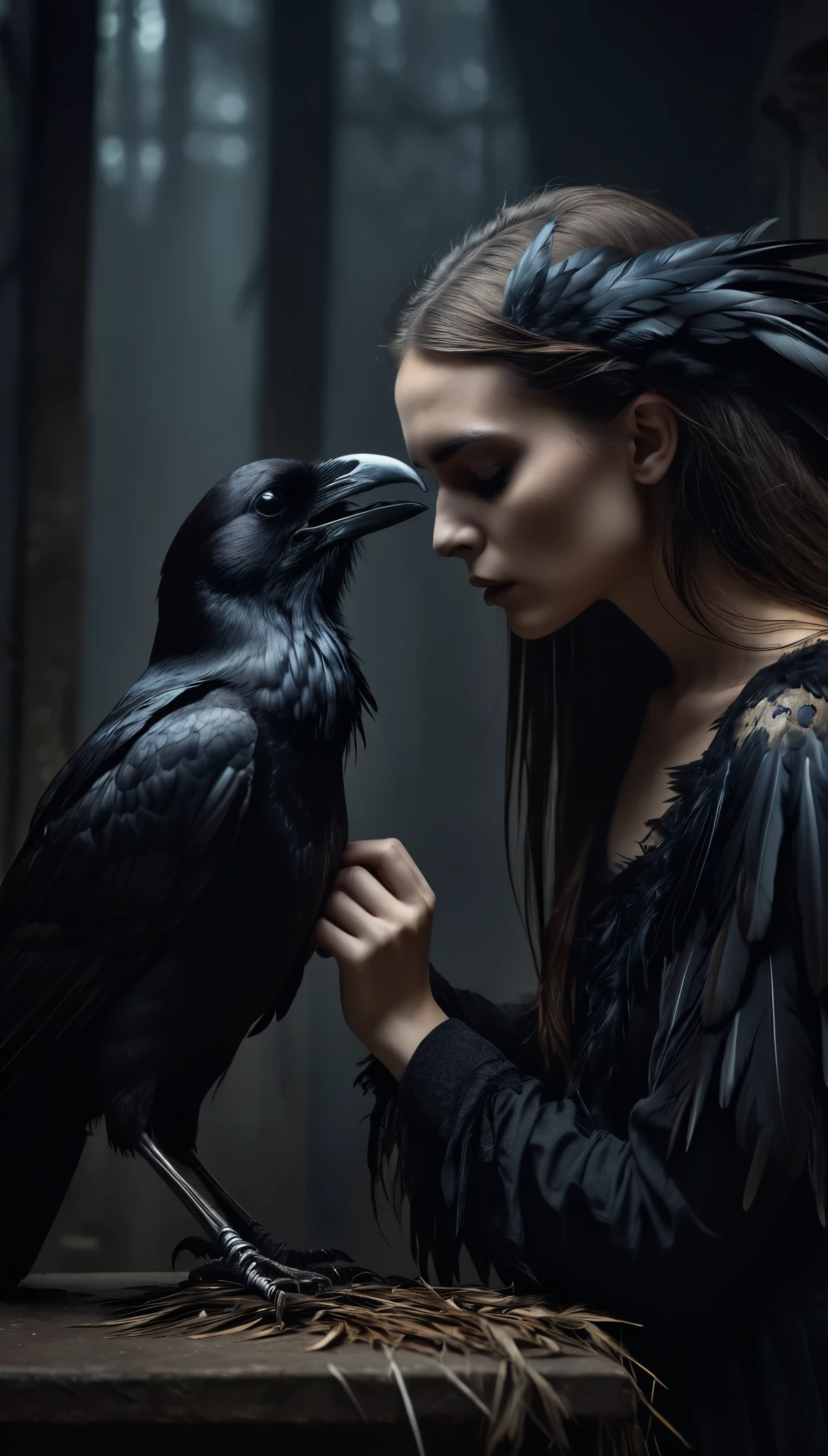 (a girl, raw), crow, (eerie setting), (beast skull), (crow grooming feathers), (best quality, highres), (dark, atmospheric), (subtle lighting), (mysterious, haunting:1.1), (fine details)