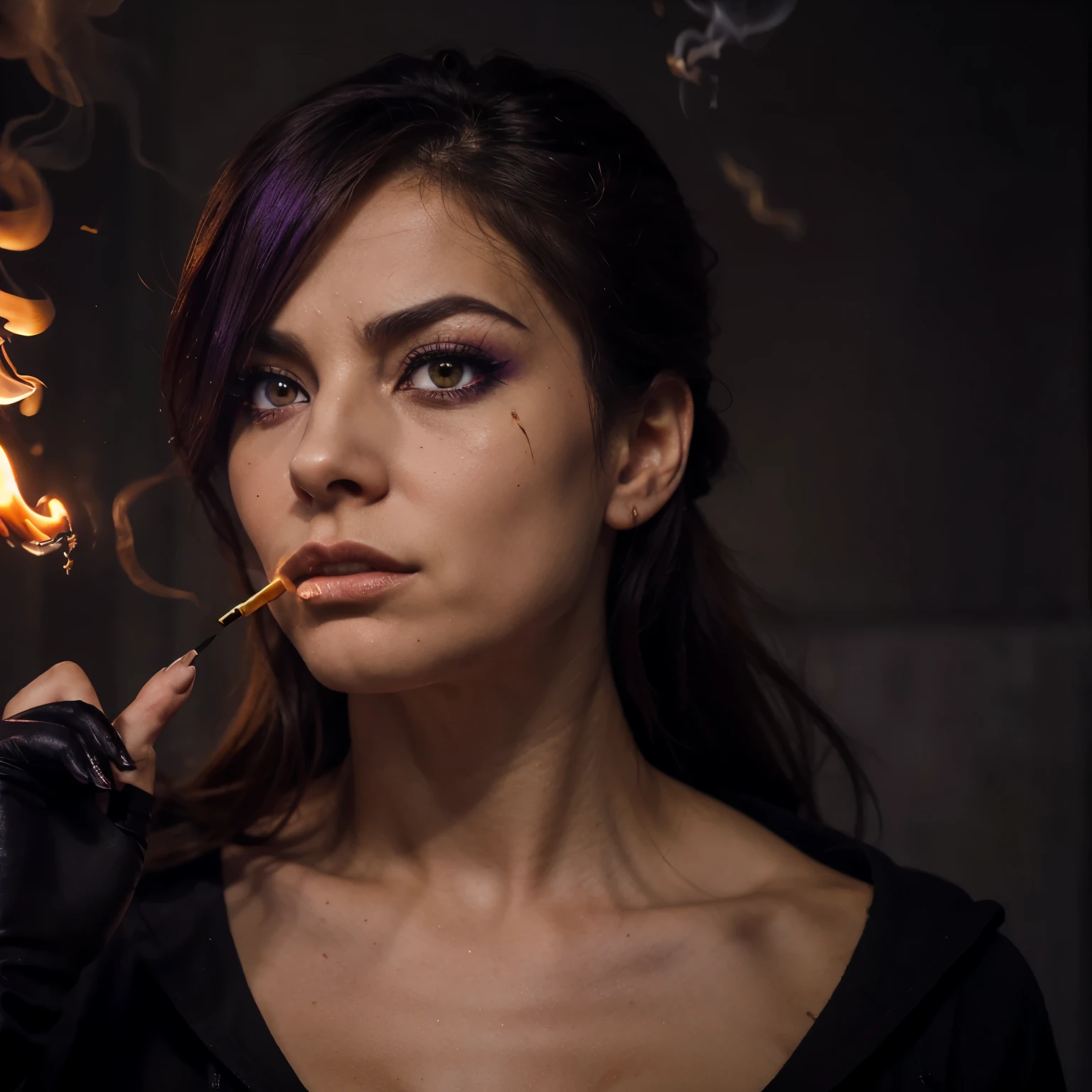 Red bull with golden eyes purple details angry face macabre scenery of cruel features evil stressed woman blowing smoke from her nostrils