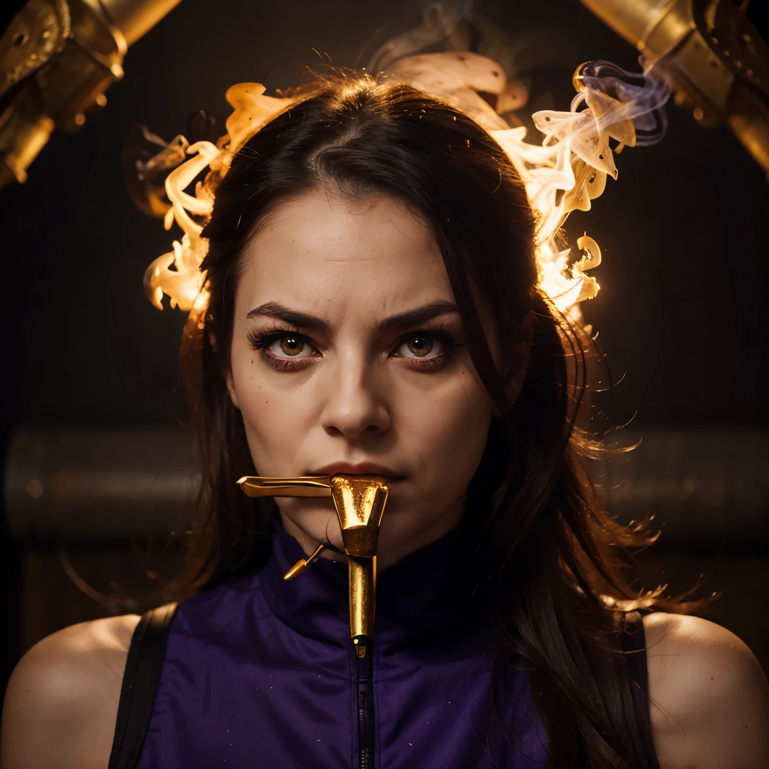 Red bull with golden eyes purple details angry face macabre scenery of cruel features evil stressed woman blowing smoke from her nostrils