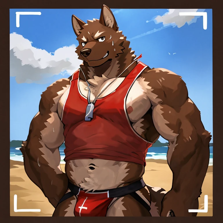 POV,top angle,sleep on stomach,lats,trapezius,butt lift,kemono, anthro (brown dog), male, (brown dog), muscular, back, red body, white belly ,sweat, ((correct anatomy)), stand, beautiful beach, perfect beautiful beach background, 1 boy, solo, wearing jockstrap, pain expression, canine tooth, hd, dark shadows, wide dynamic range, hdr, low light:1.2, front view, full body, canid, canine, canis, domesticbrown dog mammal, nordic sled brown dog, fullbody, full res, smile, lifeguard, wearing Tank top, full body, camera view, side view, full view, whistle, look at viewer