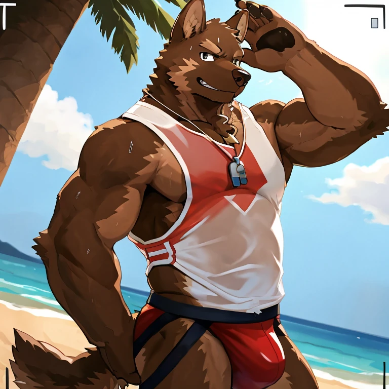 POV,top angle,sleep on stomach,lats,trapezius,butt lift,kemono, anthro (brown dog), male, (brown dog), muscular, back, red body, white belly ,sweat, ((correct anatomy)), stand, beautiful beach, perfect beautiful beach background, 1 boy, solo, wearing jockstrap, pain expression, canine tooth, hd, dark shadows, wide dynamic range, hdr, low light:1.2, front view, full body, canid, canine, canis, domesticbrown dog mammal, nordic sled brown dog, fullbody, full res, smile, lifeguard, wearing Tank top, full body, camera view, side view, full view, whistle, look at viewer