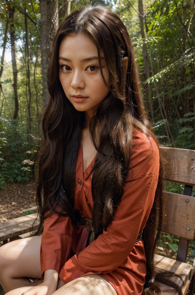 a close up of a woman sitting on a wooden bench in a forest, asian girl with long hair, long hair and red shirt, with long hair, waist long hair, girl with super long hair, red waist-long hair, wavy long black hair, long wavy black hair, beautiful asian girl, anime thai girl, long hair girl, elf long weaving brown hair