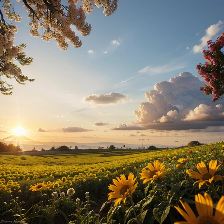 Raising sun with blooming flowers