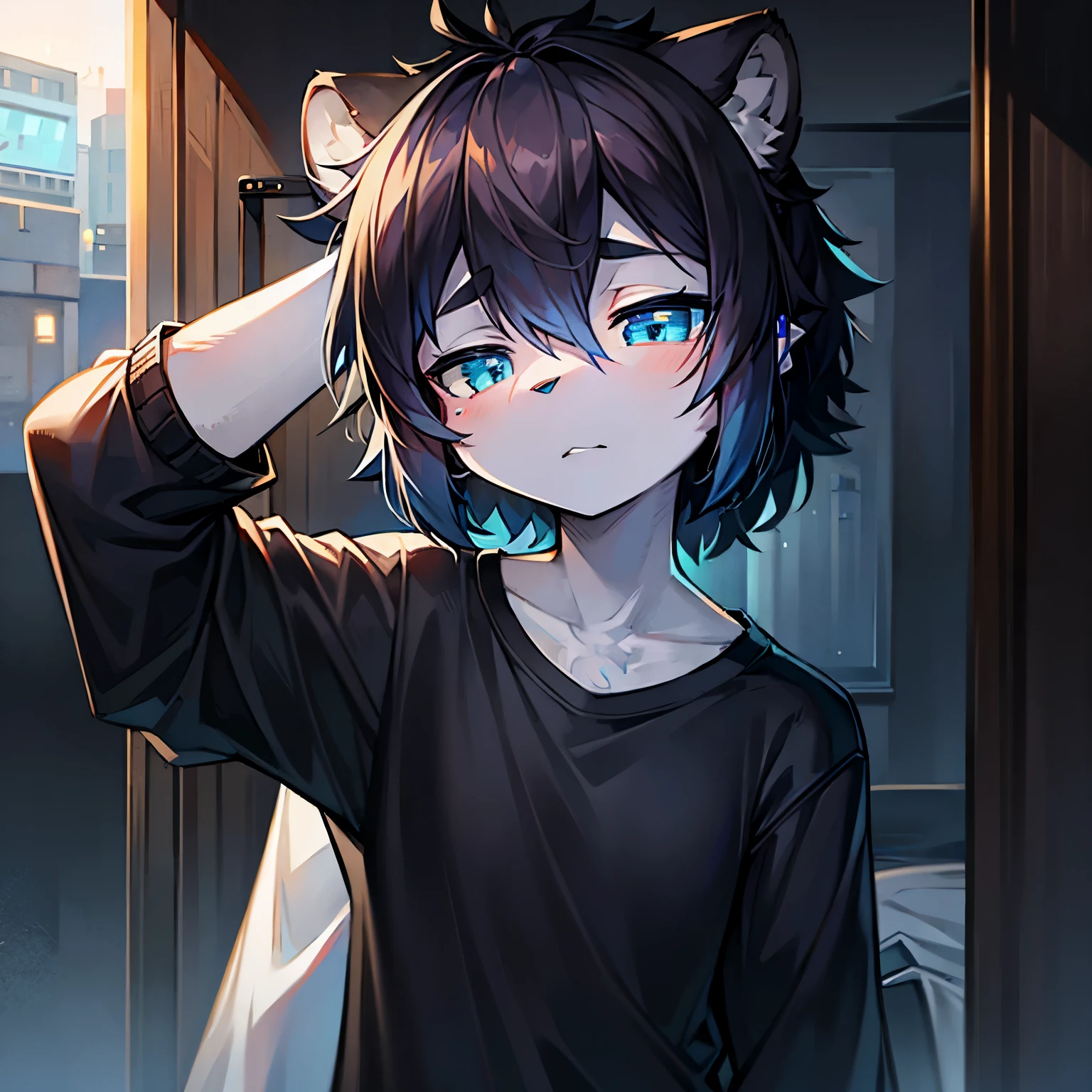 emo, bear, dark grey long fur with black curly pixie cut, blue eyes, small blue fireball above head, white oversized shirt, sleepy