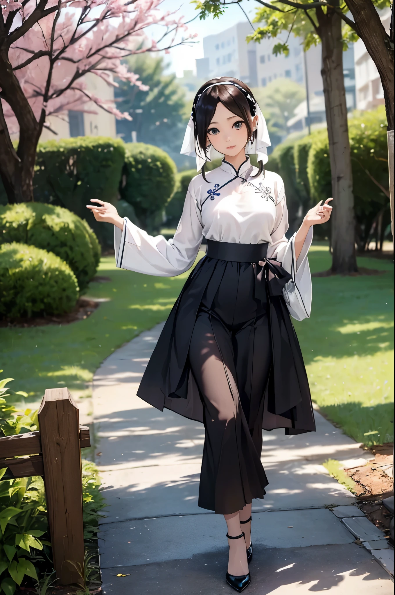 ((Biologically correct number of limbs))、(( Full body photo including face))、4K、((standing position))、masterpiece、((focus on the face))、((Symmetrical facial features))、Eyes with detailed description、Beautiful woman、outstanding style、beautiful arms、beautiful legs、beautiful hands、Detailed depiction of faces、small earrings、necklace、(silk ao dai、high heels、stockings)、The background is the park in the morning、look away、shy look、hair band、tricolor color、
