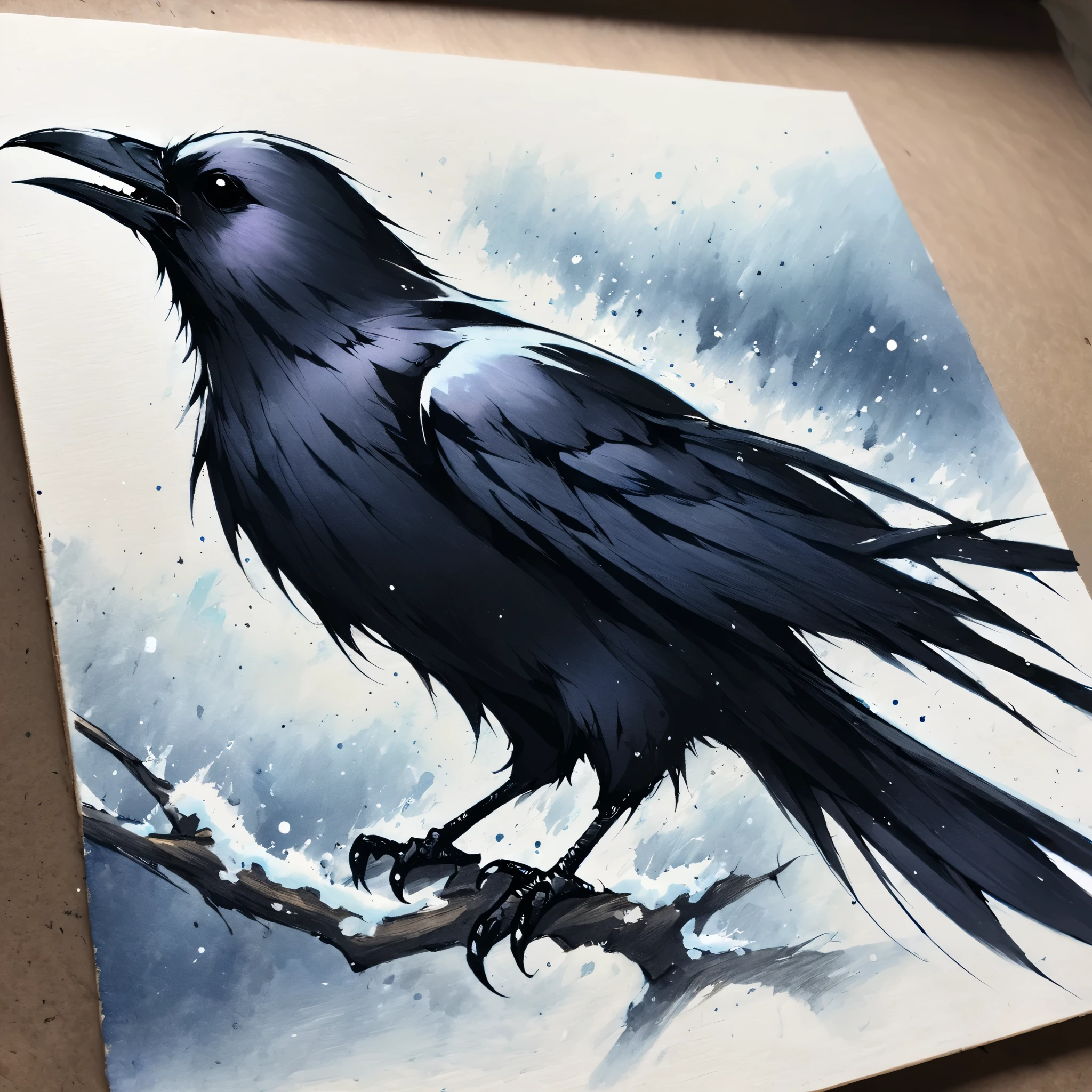 1 crow，traditional media,look up,cold background ,(Animal portraits、Raven details） ,( alone)