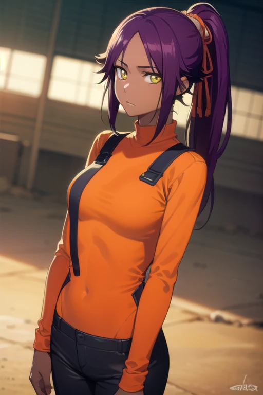 yoruichishihouin, Yoruichi Shihouin, long hair, (yellow eyes:1.5), ponytail, purple hair, black skin, 浅black skinの女性,
break bodysuit, black bodysuit, bodysuit under clothes, shirt, (orange shirt:1.5), long sleeve,
break outdoors,
break looking at viewer, (cowboy shot:1.5),
break (masterpiece:1.2), highest quality, High resolution, unity 8k wallpaper, (figure:0.8), (detailed and beautiful eyes:1.6), highly detailed face, perfect lighting, Very detailed CG, (perfect hands, perfect anatomy),