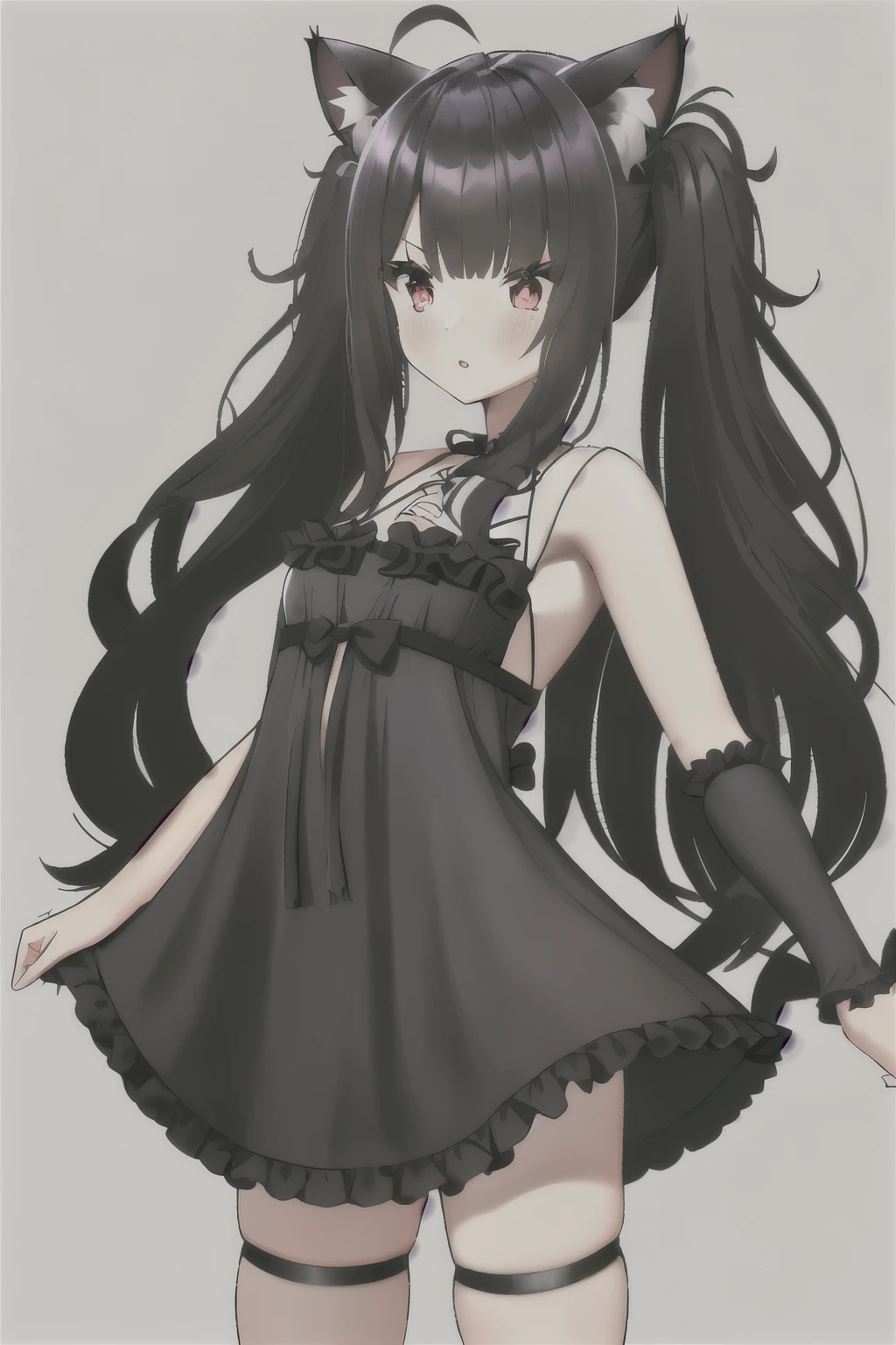 kaine \(nier\) ,((long hair slightly wavy slightly past the shoulders, black bangs, small black pigtails on the sides, cute cat ears, beautiful thin red eyes,)), es una mujer de   y vestida con un vestido santo., lo cual es muy lindo, vestido azul 