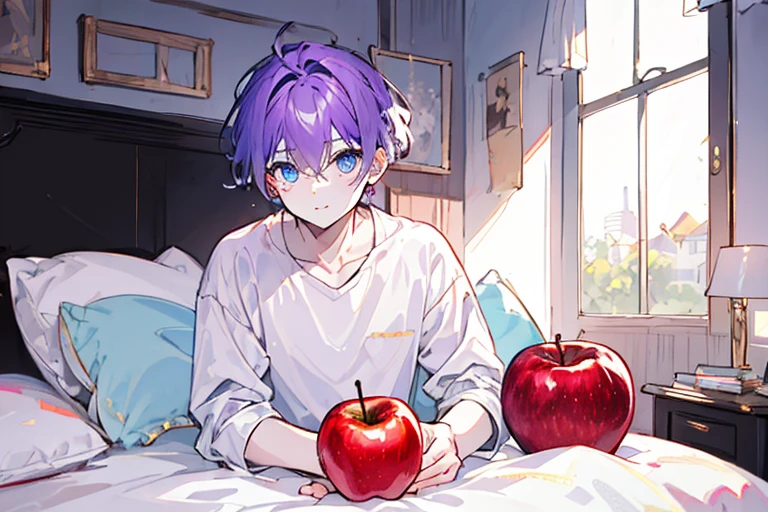((highest quality)), ((masterpiece)), ((1 person)),perfect face、male、purple hair color、light blue eyes、very short hair、vocal、pale colour、whole body、simple clothes、Red apples in bed、on the bed