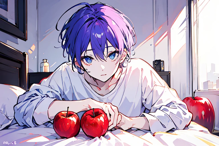 ((highest quality)), ((masterpiece)), ((1 person)),perfect face、male、purple hair color、light blue eyes、very short hair、vocal、pale colour、whole body、simple clothes、Red apples in bed、on the bed