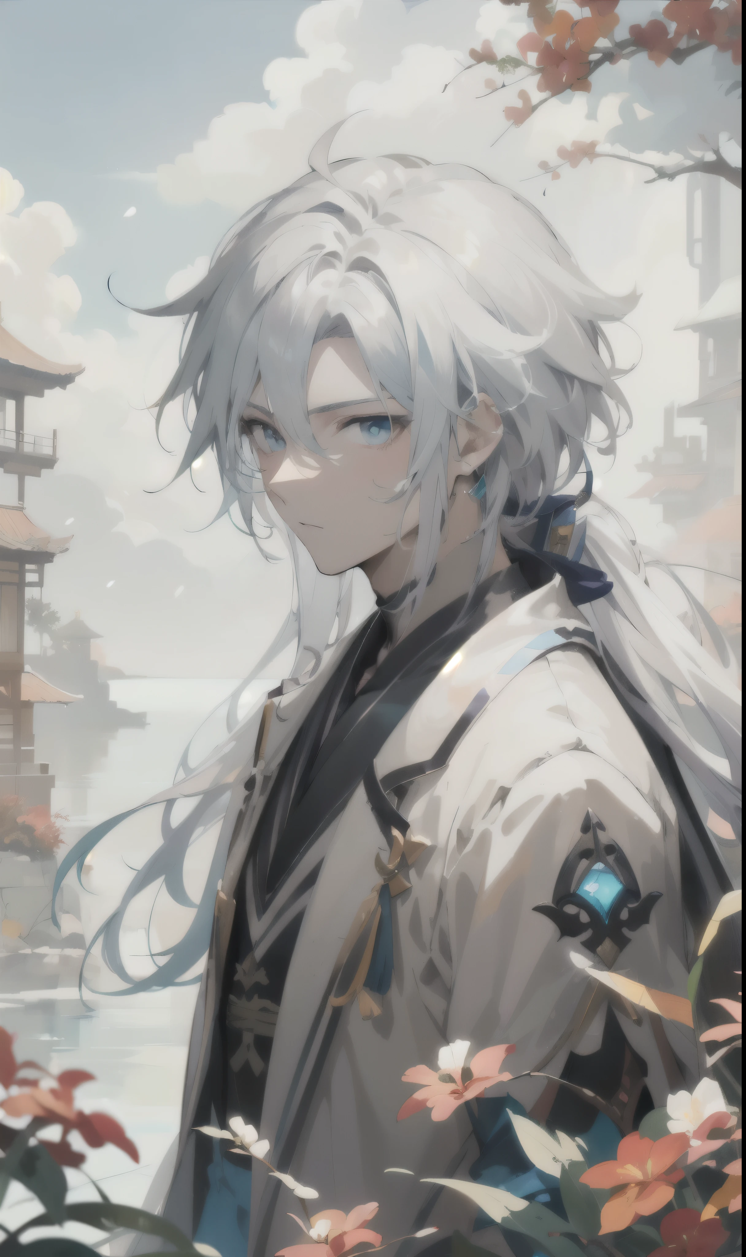 Anime character with white hair and blue eyes standing by the lake, 《Genshin》Keqing, Handsome guy in the art of slaying demons, 《Genshin》Zhongli in, Anime tribal long hair boy, Tall anime character with blue eyes, White-haired God, Male anime characters, anime handsome guy avatar, anime handsome guy, Detailed anime character art