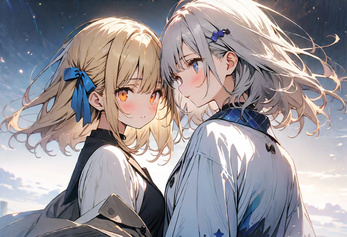 ((masterpiece)), ((highest quality)), ((High resolution)), ((Highly detailed CG integrated 8k wallpaper)), ((The girl on one side is Very long blonde hair that goes all the way down her back with half up side tails and orange eyes:1.4)), beige blazer, and thin red ribbon across chest and white shoulder less dresses, ((The other girl is short bob silver hair and dark blue eyes:1.4)), white blazer, big blue ribbon on the chest, cute, (two friends:1.4), white blubbery coat, (upper half of body), ((masterpiece, top quality, very detailed)), anime, girl, skirt , dumpy coat, (short silver hair, indigo eyes), white blazer and large light blue ribbon across chest, close friends, lovers, two people, masterpiece, best quality, extremely detailed, anime, girl, skirt , fantastic midnight , dreamy, Two hairpins in the front