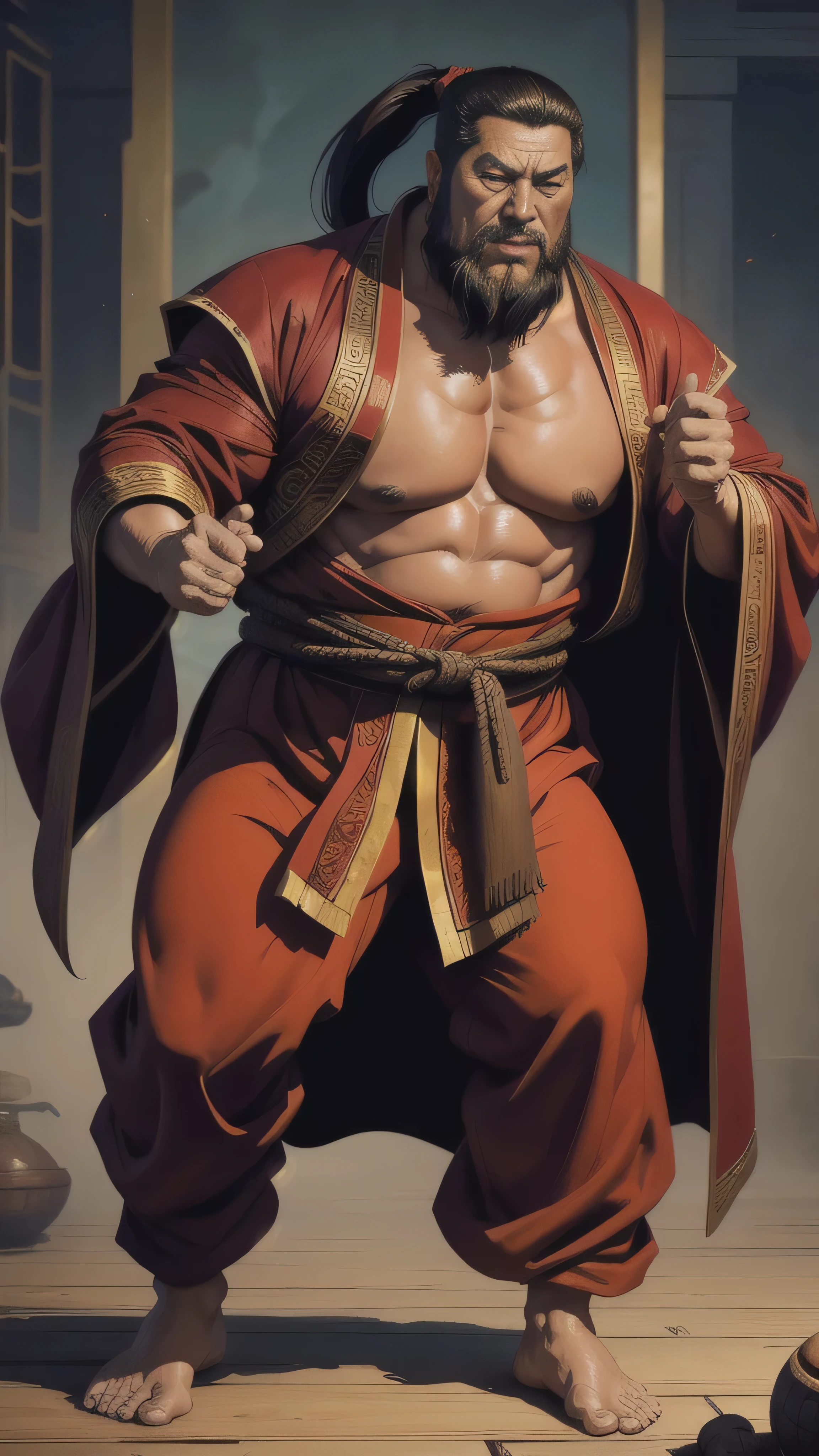 ((Sammo Hung)) as Bo' Rai Cho from Mortal Kombat, rotund man with a prominent belly, (ponytail), thick eyebrows, (long beard), (loose and traditional robe), long shot, 1man, solo, full body view, intricate, high detail, sharp focus, dramatic, photorealistic painting art by greg rutkowski