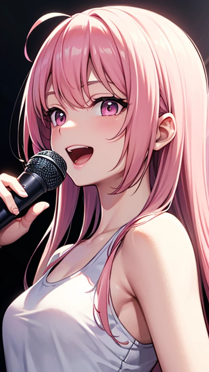 最high quality,very detailed,high quality,Extremely detailed,masterpiece,Super fine,ultra high resolution,超high quality,super delicate face,super realistic,(1 person:1.2)、woman、(Mature:1.5)、pink hair color、long hair、(pink eyes)、small breasts 、slender body, Ahoge、smile、(sing:1.3), perfect face, beautiful proportions, Hold the microphone to your mouth, Stage Background、T-shirt、jeans、(Upper body close-up:1.3)