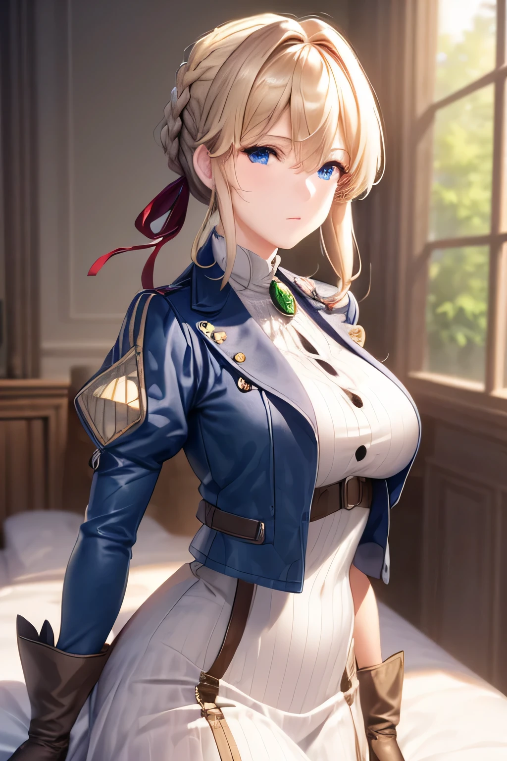 (masterpiece:1.2), best quality, high resolution, unity 8k wallpaper, (illustration:0.8), (beautiful detailed face:1.2, beautiful detailed eyes:1.2), perfect lighting, extremely detailed CG, (perfect hands, perfect anatomy), 

Cute, beautiful, charming lady, shiny hair, lustrous skin, 
milf, married woman, soft With a gentle appearance and a gentle mother-like atmosphere,

violet_a, blonde hair, blue eyes, braid, hair ribbon, red ribbon, jewelry, green brooch, white ascot, blue jacket, cropped jacket, dress, juliet sleeves, long sleeves, puffy sleeves, white dress, brown gloves, 