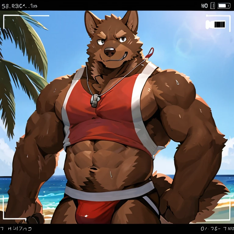 POV,top angle,sleep on stomach,lats,trapezius,butt lift,kemono, anthro (brown dog), male, (brown dog), muscular, back, red body, white belly ,sweat, ((correct anatomy)), stand, beautiful beach, perfect beautiful beach background, 1 boy, solo, wearing jockstrap, pain expression, canine tooth, hd, dark shadows, wide dynamic range, hdr, low light:1.2, front view, full body, canid, canine, canis, domesticbrown dog mammal, nordic sled brown dog, fullbody, full res, smile, lifeguard, wearing Tank top, full body, camera view, side view, full view, whistle, look at viewer