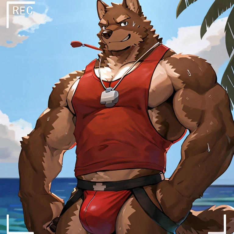POV,top angle,sleep on stomach,lats,trapezius,butt lift,kemono, anthro (brown dog), male, (brown dog), muscular, back, red body, white belly ,sweat, ((correct )), stand, beautiful beach, perfect beautiful beach background, 1 boy, solo, wearing jockstrap, pain expression, canine tooth, hd, dark shadows, wide dynamic range, hdr, low light:1.2, front view, full body, canid, canine, canis, domesticbrown dog mammal, nordic sled brown dog, fullbody, full res, smile, lifeguard, wearing Tank top, full body, camera view, side view, full view, whistle, look at viewer