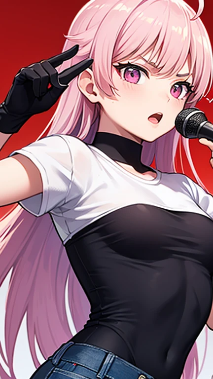 最high quality,very detailed,high quality,Extremely detailed,masterpiece,Super fine,ultra high resolution,超high quality,super delicate face,super realistic,(1 person:1.2)、woman、(Mature:1.5)、pink hair color、long hair、(pink eyes)、small breasts 、slender body, Ahoge、serious face、(sing:1.3), perfect face, beautiful proportions, Hold the microphone to your mouth, Stage Background、T-shirt、jeans、(Upper body close-up:1.3)