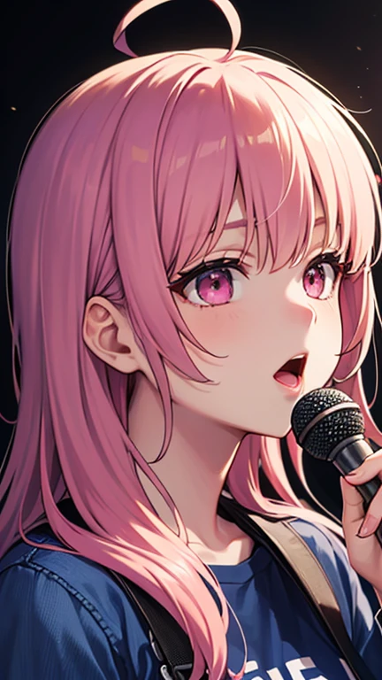 最high quality,very detailed,high quality,Extremely detailed,masterpiece,Super fine,ultra high resolution,超high quality,super delicate face,super realistic,(1 person:1.2)、woman、(Mature:1.5)、pink hair color、long hair、(pink eyes)、small breasts 、slender body, Ahoge、(sing:1.3), perfect face, beautiful proportions, Hold the microphone to your mouth, Stage Background、T-shirt、jeans、(Upper body close-up:1.3)