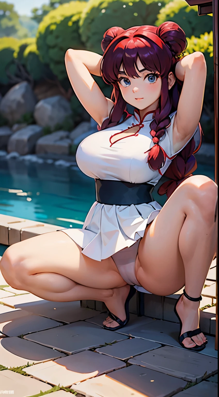 raw photo,Mi。realistic,real person,ニskirt、(spread legs:1.5)、show white panties,beautiful thighs、Beautiful camel toe、長い白いウェディング ドレスとウサギの耳を着た赤毛のanime girl, skirt, 16 years, nice body, Big breasts, Hands behind head, Run your hands through your hair, sexy girl, red Short hair in braids, side hair highlights, strands of hair on the side of the face, beautiful lighting, soft shadow, blue eyes, beautiful feet, Short hair in braids, anime style, Ranma-chan, Autora Rumiko Takahashi, Baseado em obra de Rumiko Takahashi, anime ranma 1/ 2, Sexy deco, strong waist, whole body, whole body, big bust, young girl with beautiful beautiful body, sandals on his feet, garota 16 years jovem baixa estatura, She is wearing a long white dress and bunny ears。, anime girl, anime style, beautiful feet in sandals, Viewing angle 45°, outdoor, Red hair braid