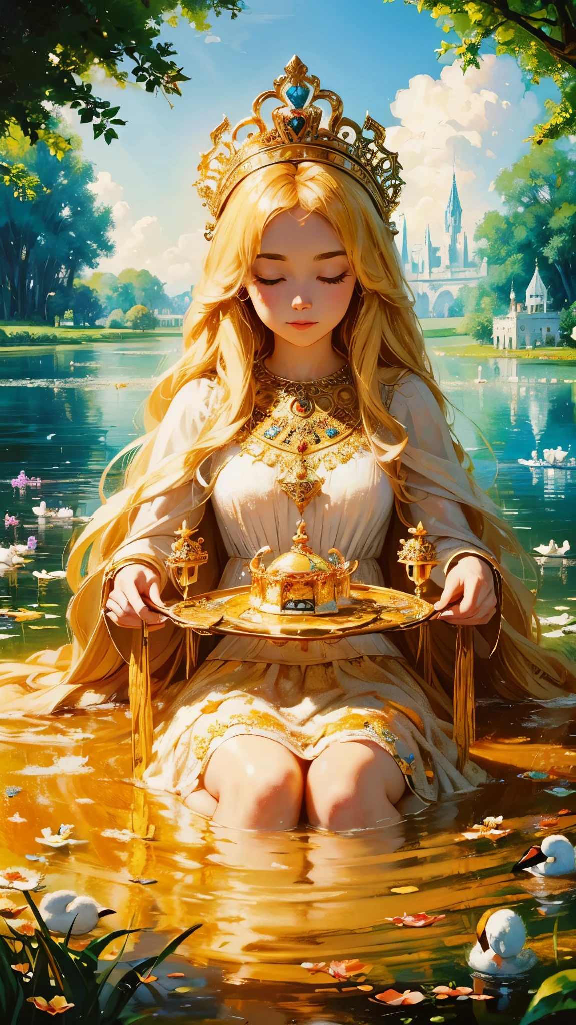 Summer fun Queen Women Goddess 8k Resolution Rendered Hyper Realistic Intricate Detail lives in an a sunny temple of flower and water, a fanciful place filled with castles, cotton candy, swans lakes and fluffy clouds, An intricate visual representation of computer programing, rendered in 24k resolution with intricate details and symbols, oil painting