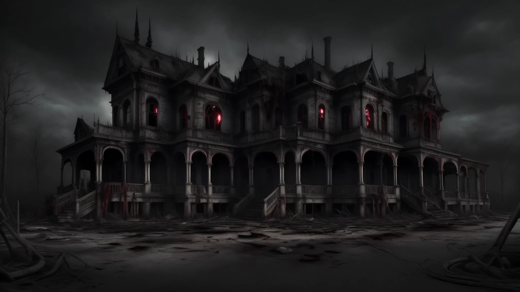 A spooky ghost stands atop a large Victorian mansion, Found footage, blood dripping, Hellish, dirty, That's horrible, horror, Edited, dark, Human experimentation, That's horribleです, teeth, tongue, Evil, Hostile, Malicious Energy, Pathogenic mutations, Biological, nightmare, Rusted, grunge, helpless, Moody, Desperate, strange, humanoid, aberration, die, , Unlucky, horror, dramatic, in the atmosphere, high detail, zoomed out, long shot,