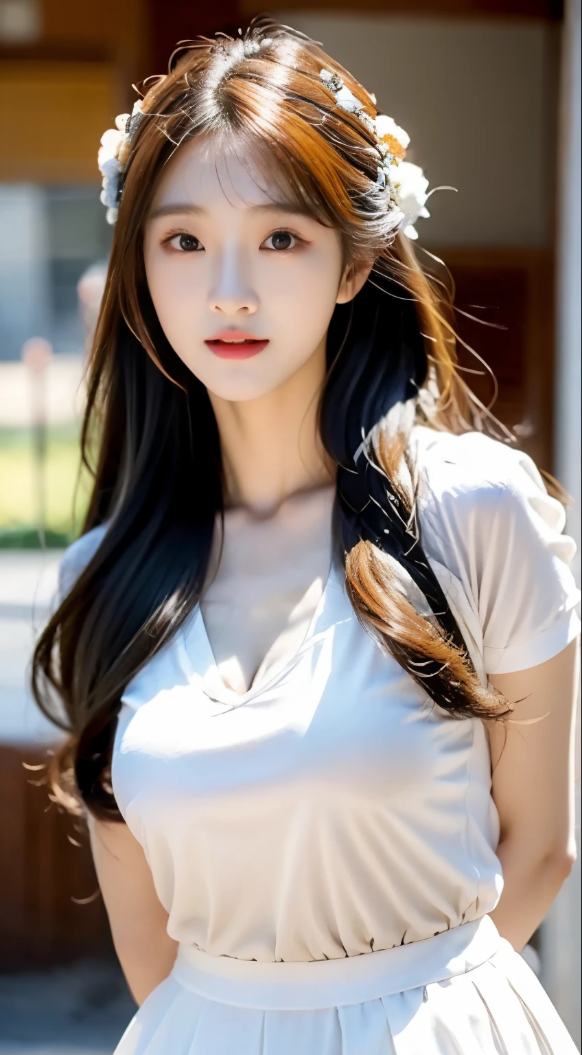 Full body photo of a woman with long hair and white shirt, South in the UK, Cui Honghua, revealing clothes、Union Army、Short Sleeve Lace Mini Skirt、korean girl, beautiful korean woman, That'With a cute Korean face, Shin Jin Young, Gorgeous young Korean woman, Beautiful young Korean woman, Gumbi, Li Zhien, Li Zhien, young cute korean face, Young cute asian face