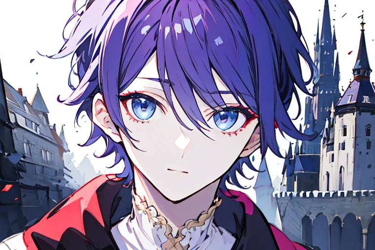((highest quality)), ((masterpiece)), ((1 person)),perfect face、male、purple hair color、light blue eyes、very short hair、vocal、pale colour、whole body、simple clothes、Old castle background