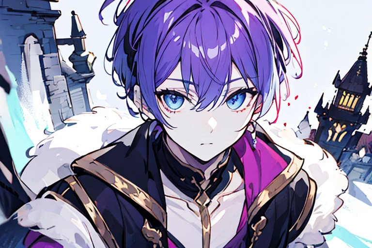 ((highest quality)), ((masterpiece)), ((1 person)),perfect face、male、purple hair color、light blue eyes、very short hair、vocal、pale colour、whole body、simple clothes、Old castle background