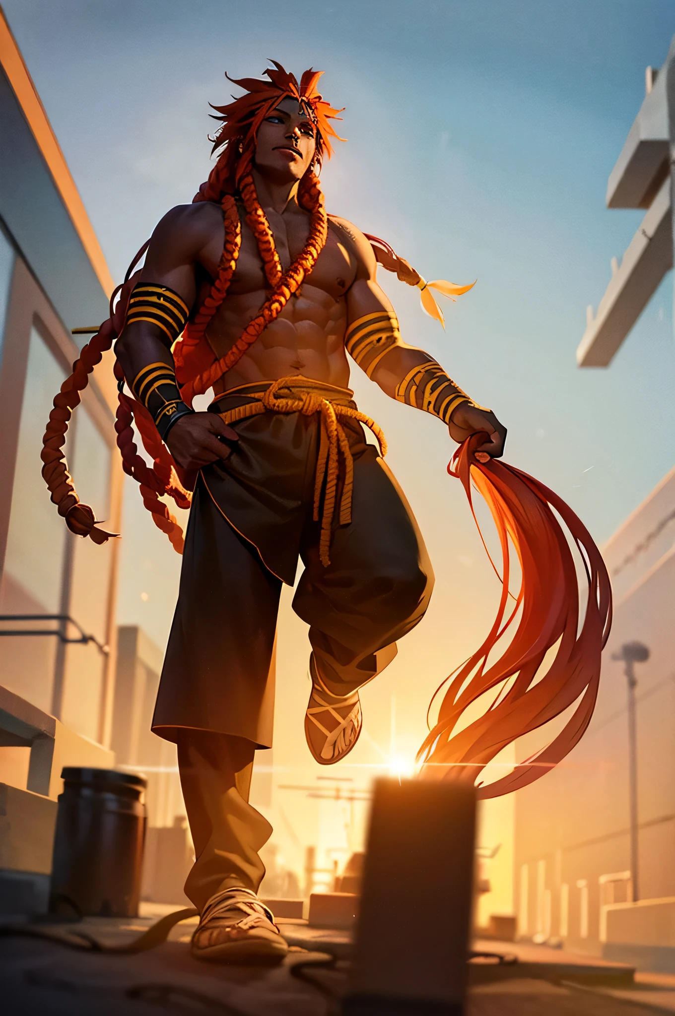 Mature guy, long orange dreads, walking towards holy knight, African American, dark skinned, tribal markings, martial arts attire 