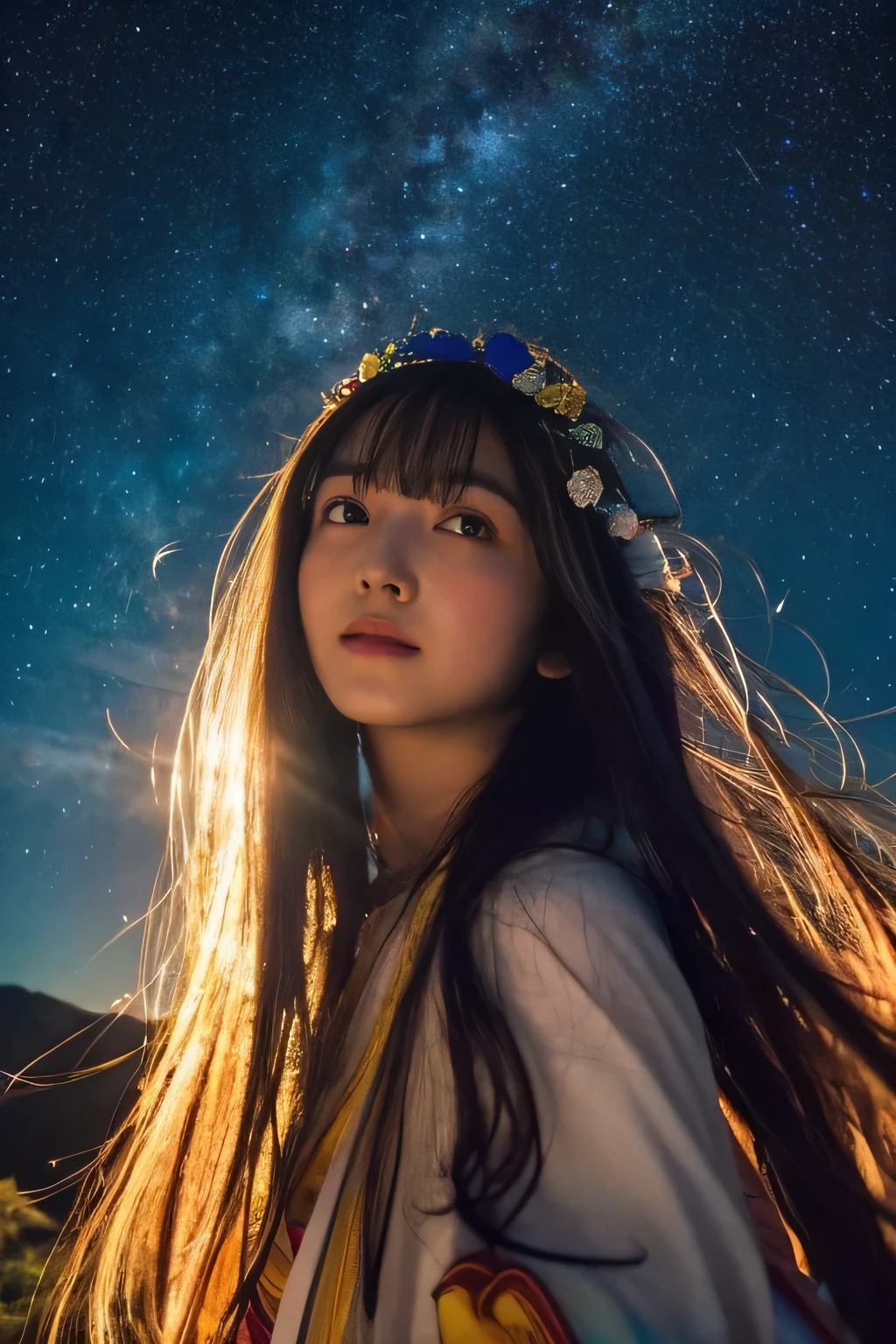 high quality, 最high quality, table top, Detailed portrait of a woman 1 girl, long hair, (floating, space, Milky Way, colorful), warm lighting, goddess, Milky Way, scenery, colorful hair wreath, {{{最high quality}}}, {{Super detailed}}, {figure}, cinematic angle, {detailed light},cinematic lighting, heavenly, dynamic pose