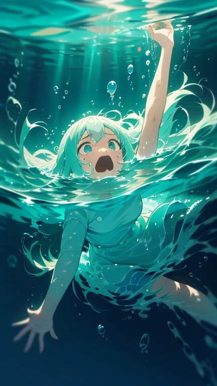 very detailed ,(full body view),[foot focus],anime,masterpiece,(a girl:1.1) ,(diving),(many bubbles gush out of her mouth) (fainted:1.23) (opening mouth underwater:1.3), (beautiful detailed face), (floating long hair), (nervously,desperate), (distorted reflection), (best quality, highres:1.2)