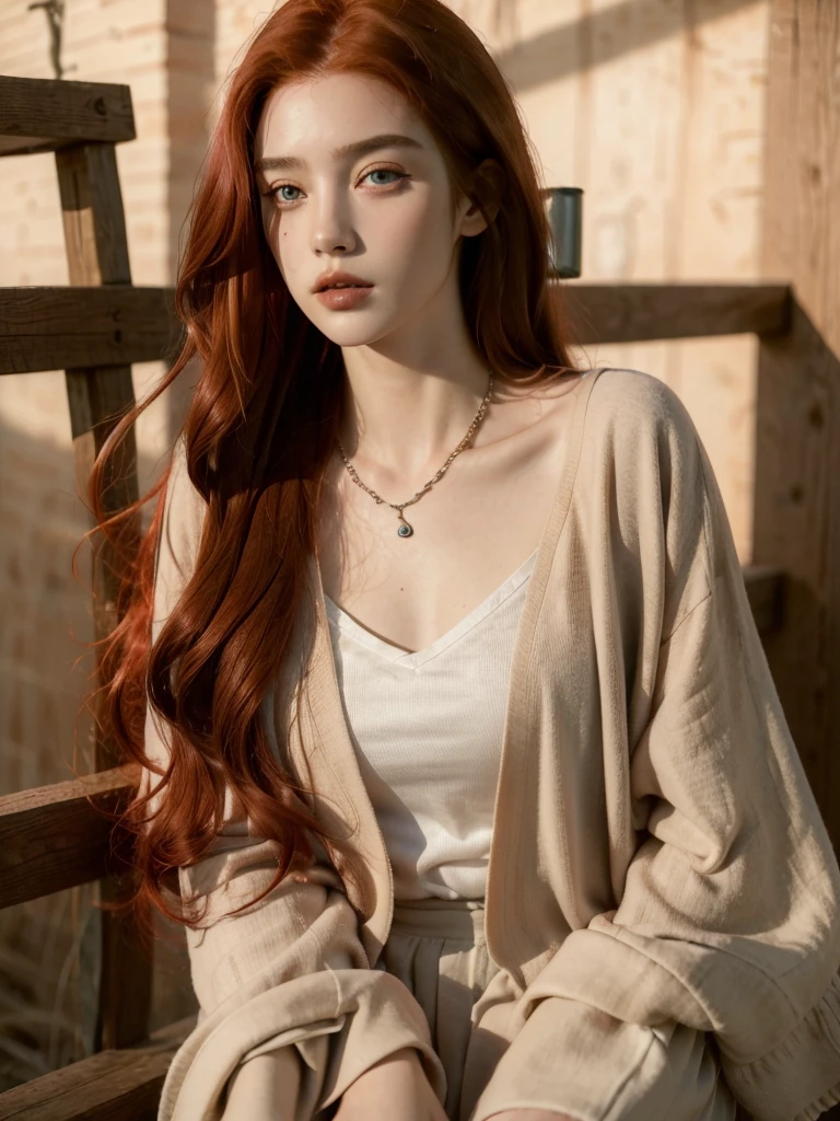 ( masterpiece, top quality, best quality,8k,17 years old girl,ultra detailed,raw photo:1.5),(photorealistic:1.4), (red hair:1.5), (cinematic lighting), PerfectNwsjMajic, , Surrealism, UHD, ccurate, Super detail, textured skin, High detail, Best quality, dynamic angle, (high nose,White skin),[Beautiful blue eyes],[flat chest:large breasts:0.5],(1girl),(good anatomy:0.5)),(outside:1.5),Necklaces,  