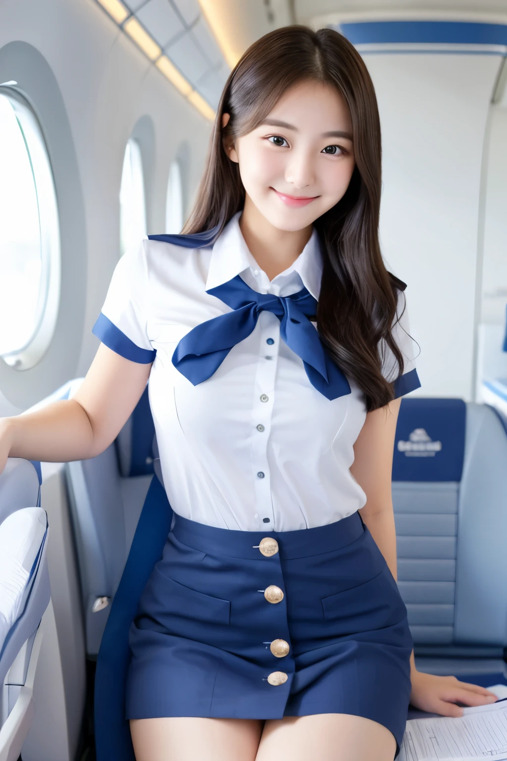 A 22-year-old with a cute, -faced idol-like face　Occupation: Flight Attendant　Gentle and cute　smile gently　Medium size bust　She forgot to put on her uniform skirt so her panties were clearly visible　full body figure　Raw photo　genuine　real　High definition　Do not display copyright