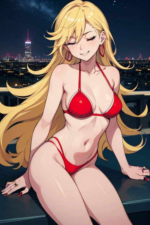 masterpiece, Best quality,   psgpanti, in a red bra, in a red bikini, sexuality, long legs, earrings rings, bare shoulders, split, contrasting, night sky, cityscape, smile, closed eyes