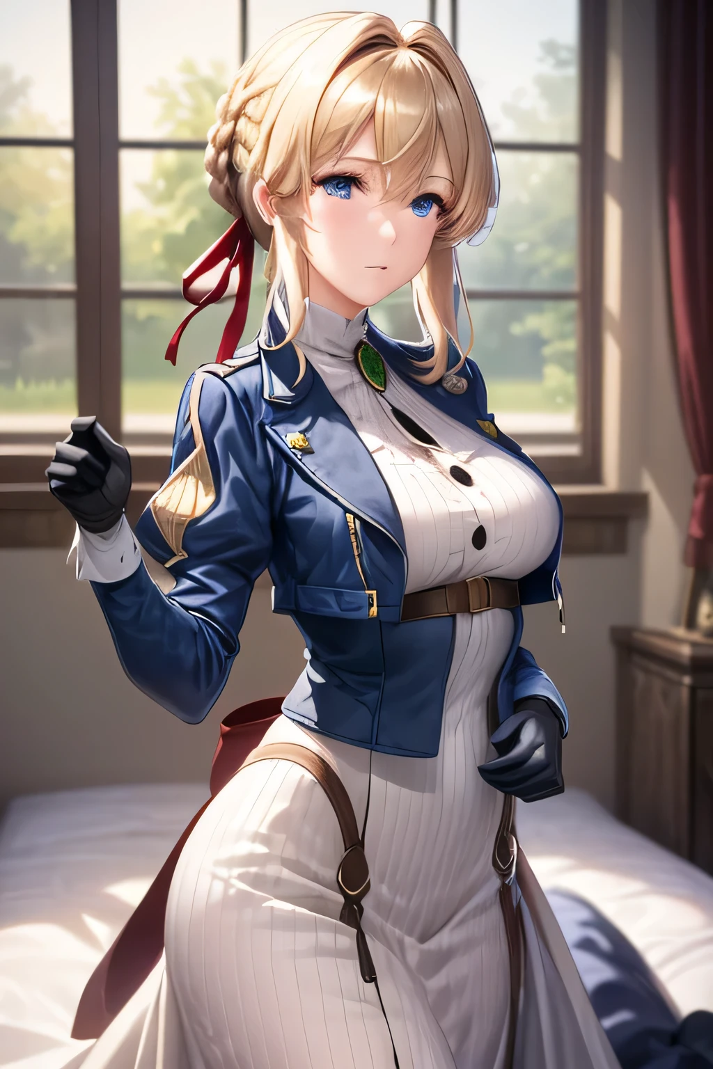 (masterpiece:1.2), best quality, high resolution, unity 8k wallpaper, (illustration:0.8), (beautiful detailed face:1.2, beautiful detailed eyes:1.2), perfect lighting, extremely detailed CG, (perfect hands, perfect anatomy), 

Cute, beautiful, charming lady, shiny hair, lustrous skin, 
milf, married woman, soft With a gentle appearance and a gentle mother-like atmosphere,

violet_a, blonde hair, blue eyes, braid, hair ribbon, red ribbon, jewelry, green brooch, white ascot, blue jacket, cropped jacket, dress, juliet sleeves, long sleeves, puffy sleeves, white dress, brown gloves, 