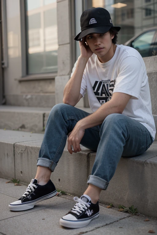 Man, black hat, casual, vans shoes