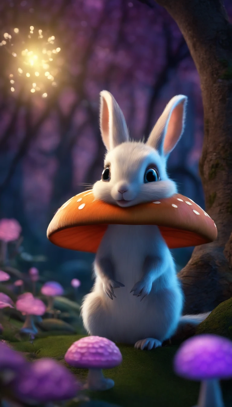 3D animation of a small, round, fluffy creature with big, expressive eyes explores a vibrant, enchanted forest. The creature, a whimsical blend of a rabbit and a squirrel, has soft blue fur and a bushy, striped tail. It hops along a sparkling stream, its eyes wide with wonder. The forest is alive with magical elements: flowers that glow and change colors, trees with leaves in shades of purple and silver, and small floating lights that resemble fireflies. The creature stops to interact playfully with a group of tiny, fairy-like beings dancing around a mushroom ring. The creature looks up in awe at a large, glowing tree that seems to be the heart of the forest.