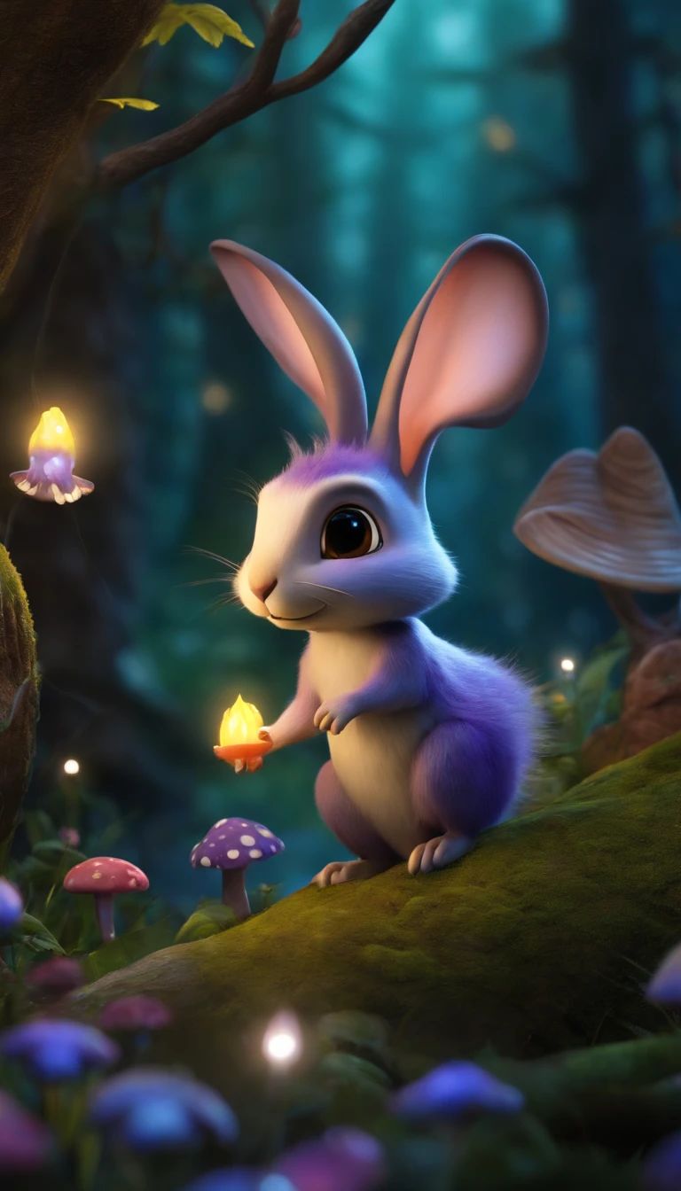 3D animation of a small, round, fluffy creature with big, expressive eyes explores a vibrant, enchanted forest. The creature, a whimsical blend of a rabbit and a squirrel, has soft blue fur and a bushy, striped tail. It hops along a sparkling stream, its eyes wide with wonder. The forest is alive with magical elements: flowers that glow and change colors, trees with leaves in shades of purple and silver, and small floating lights that resemble fireflies. The creature stops to interact playfully with a group of tiny, fairy-like beings dancing around a mushroom ring. The creature looks up in awe at a large, glowing tree that seems to be the heart of the forest.